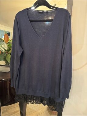 Simply Be Navy V-Neck Sweater with Lace Hem